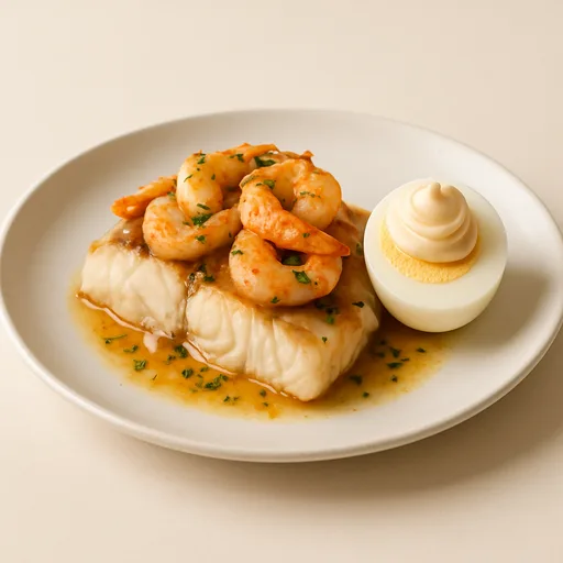 merluza con gambas al ajillo y huevo duro con mayonesa
