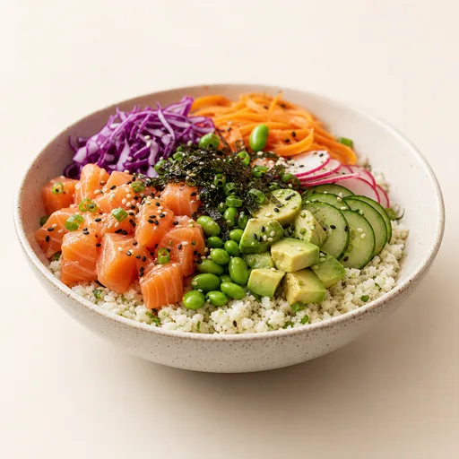 Poke bowl con base de arroz de coliflor
